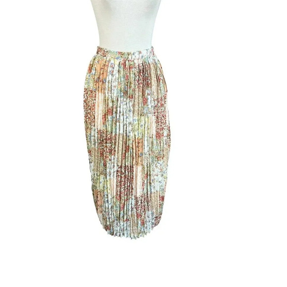 Bonjour Vintage 90s Prairie Patchwork Accordion Pleat Midi Skirt - Picture 1 of 6